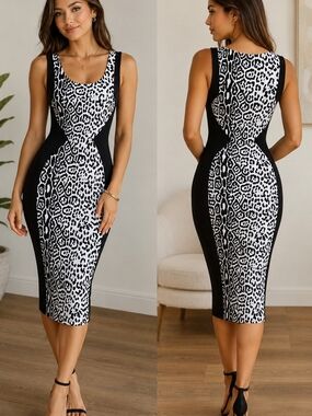 Beware! Black & White Leopard Print Bodycon Dress S